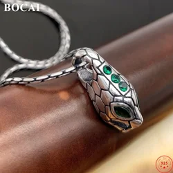 BOCAI S925 Sterling Silver Charms Pendants for Women Men Retro Viper Snake Head Inlaid Green Zircon Fashion Jewelry Wholesale