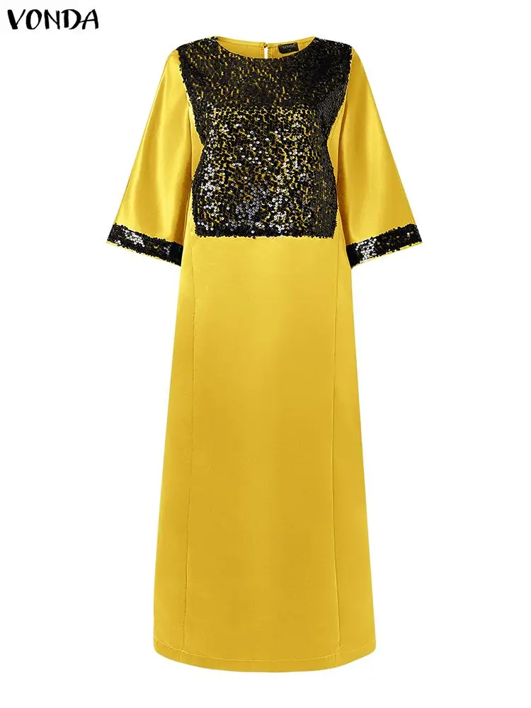

VONDA Plus Size 5XL Women Bohemian Party Long Vestidos Sequin Splicing Maxi Dresses Ladies Fashion 3/4 Sleeve Loose Satin Robe