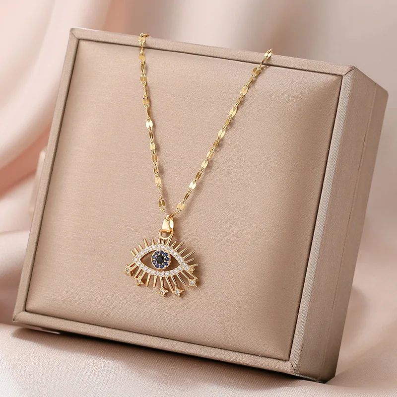 DIEYURO 316L Stainless Steel Evil Eye Zircon Necklace For Women Fashion Girls Clavicle Chain Vintage Female Body Jewelry Gift