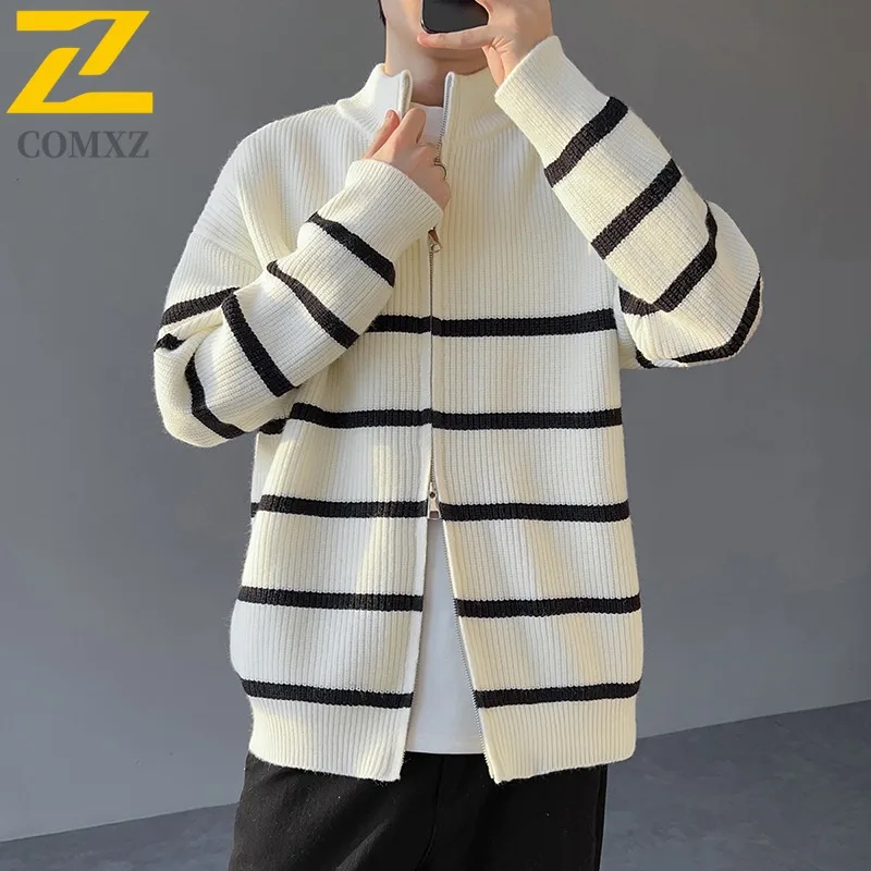 

COMXZ Lightw Luxurious Mens Jacket 2025 New Striped Stand Collar Zipper Knit Cardigan Coat Men Premium Spring Autumn Outerwear