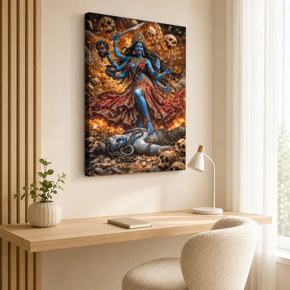 Goddess Kali Standing On Shiva Framed Canvas Print Poster Customized Spiritual Mythology Canvas Wall Art for Living Room Decor
