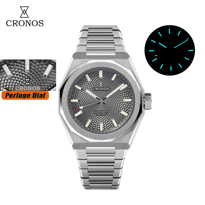 Cronos Nieuwe Ruit Perlage 39mm Wijzerplaat PT5004 Miyota 90S5 See-through Caseback Mannen Automatische Horloges 10ATM Lumious
