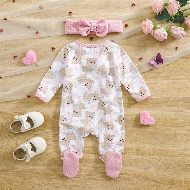 VISgogo Baby Girls Outfit Long Sleeve Crew Neck Bear Print Footies Jumpsuit and Headband Spring Fall Clothes