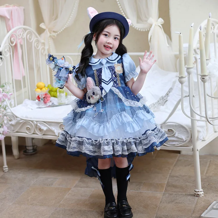 Vestido de Verão para Meninas com Estampa de Coelhinho, Vestido de Princesa de Manga Curta, Tecido Respirável, Cintura Alta, ...