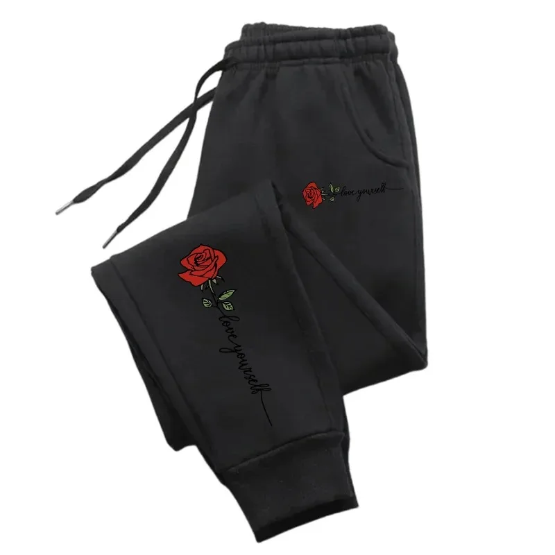 Hot Selling Casual Couple Pants Fashionable Rose Love Yourself Printed Hip-Hop Trousers with Drawstring Sweatpants S-3XL