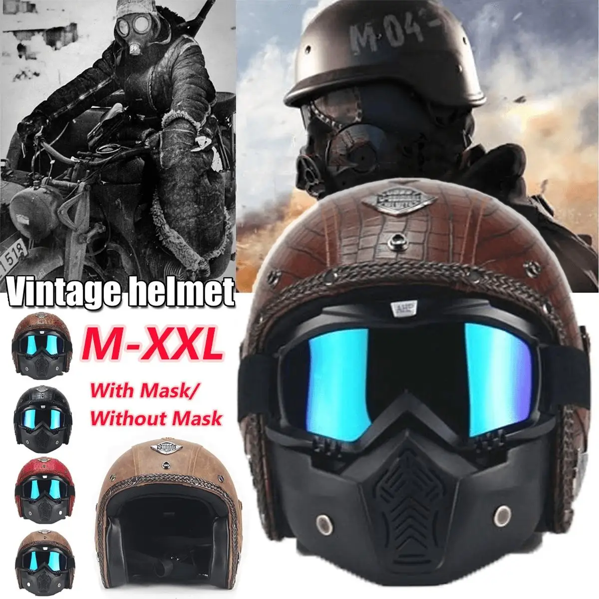 PU Leather Helmet 3/4 Motorcycle Chopper Bicycle Helmet Exposed Vintage Motorcycle Helmet & Goggles Mask Half Face Helmet