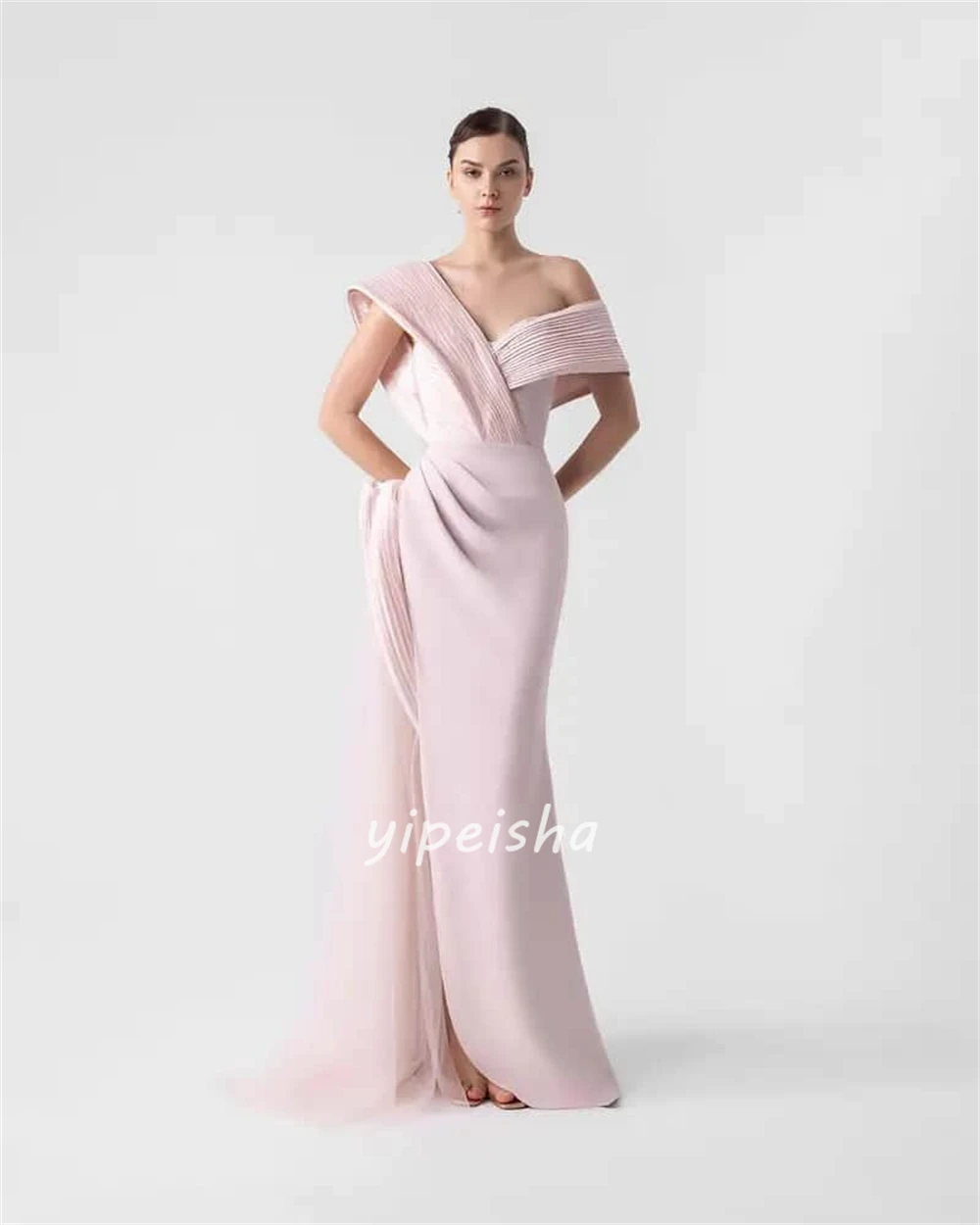 ชุดเดรสยาวแบบเปิดไหล่ทรงเมอร์เมดจับจีบแบบคลาสสิกคุณภาพสูงสั่งตัดได้ ชุดเดรสสำหรับโอกาสพิเศษสไตล์โมเดิร์น