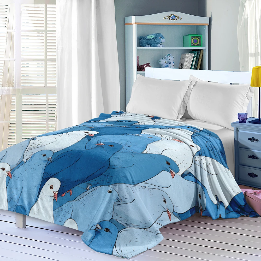 Blue White Pigeons Flock Lightweight Flannel Blanket Breathable Cozy Throw Blanket for Spring Summer Sofa Bed Air Conditioning