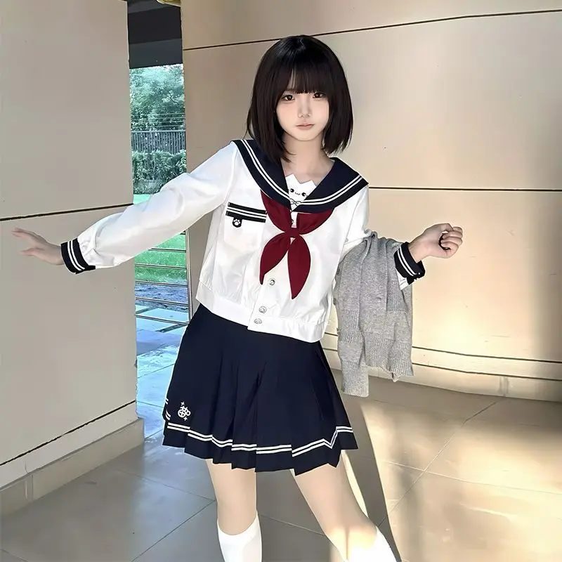 ญี่ปุ่นเกาหลี Campus สไตล์แมวน่ารักชุดกะลาสีเย็บปักถักร้อย JK แขนยาวชุดเครื่องแต่งกาย JK สีดําและสีฟ้า 2-TONE