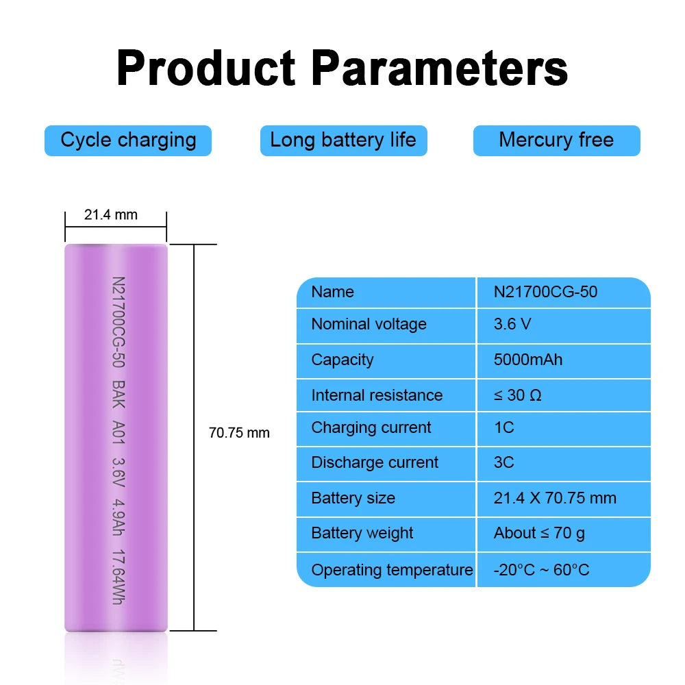 BAK 21700 5000mAh 3.6V Li-ion Rechargeable Batteries 21700 Battery Power Battery High Discharge E-tools Battery For Flashlight