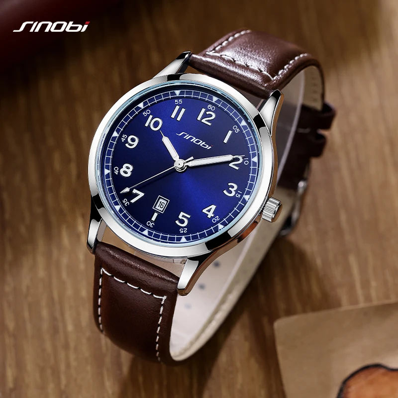 SINOBI Fashion Design Men\'s Watches Original Leather Strap Man\'s Quartz Wristwatches Top Luxury Male Best Gifts Luminous Clock