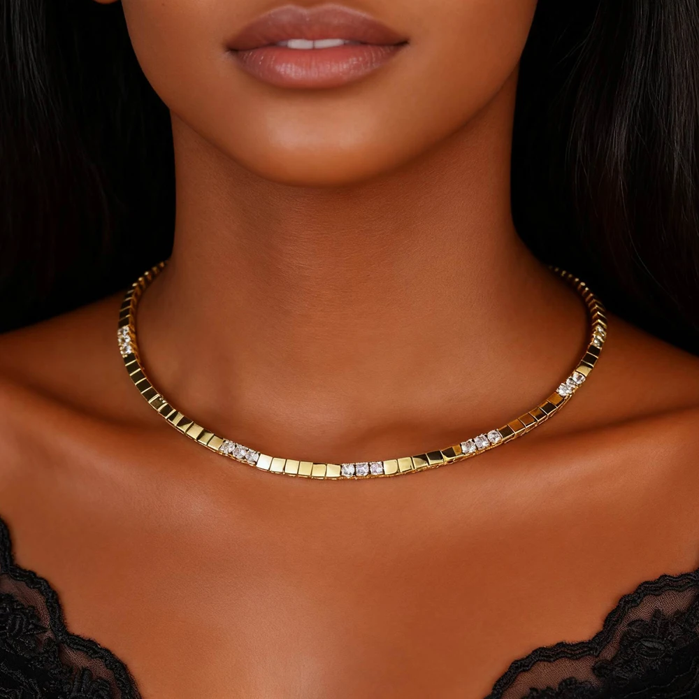 Geometrische Einfache Rechteck Quadrat CZ Gepflasterte Perlen Link Kette Tennis Halskette Gold Farbe Frauen Gepflastert Bling CZ Halsband Schmuck