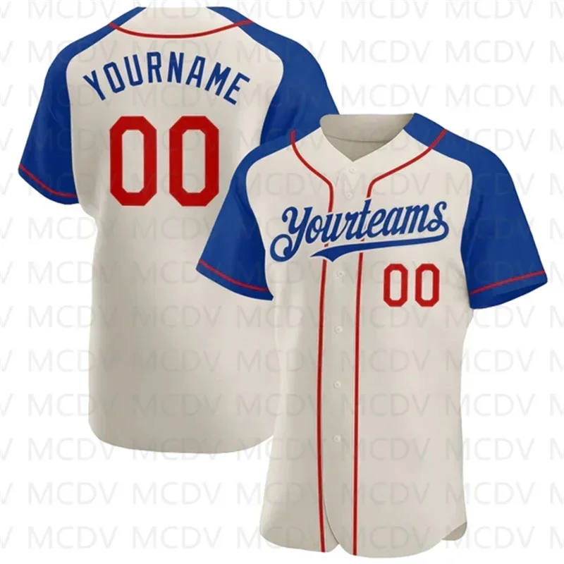 Custom  Red-Royal Authentic Raglan Sleeves Baseball Jersey  3D Printed for Men and Women Casual Team Shirts  Unisex Tops