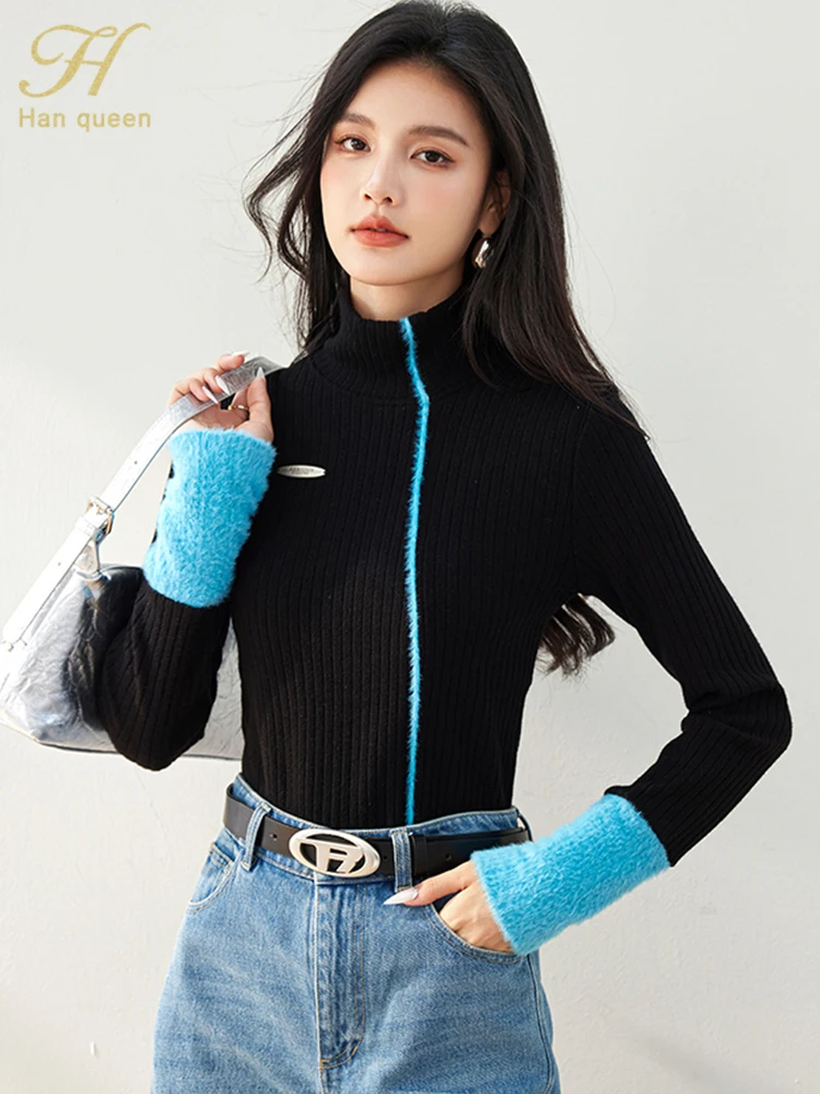 H Han Queen 2024 Autumn Winter Bottom Knitwear Women Sweater Color Blocking Loose Vintage Casual Pullover Sweater Woman Clothing