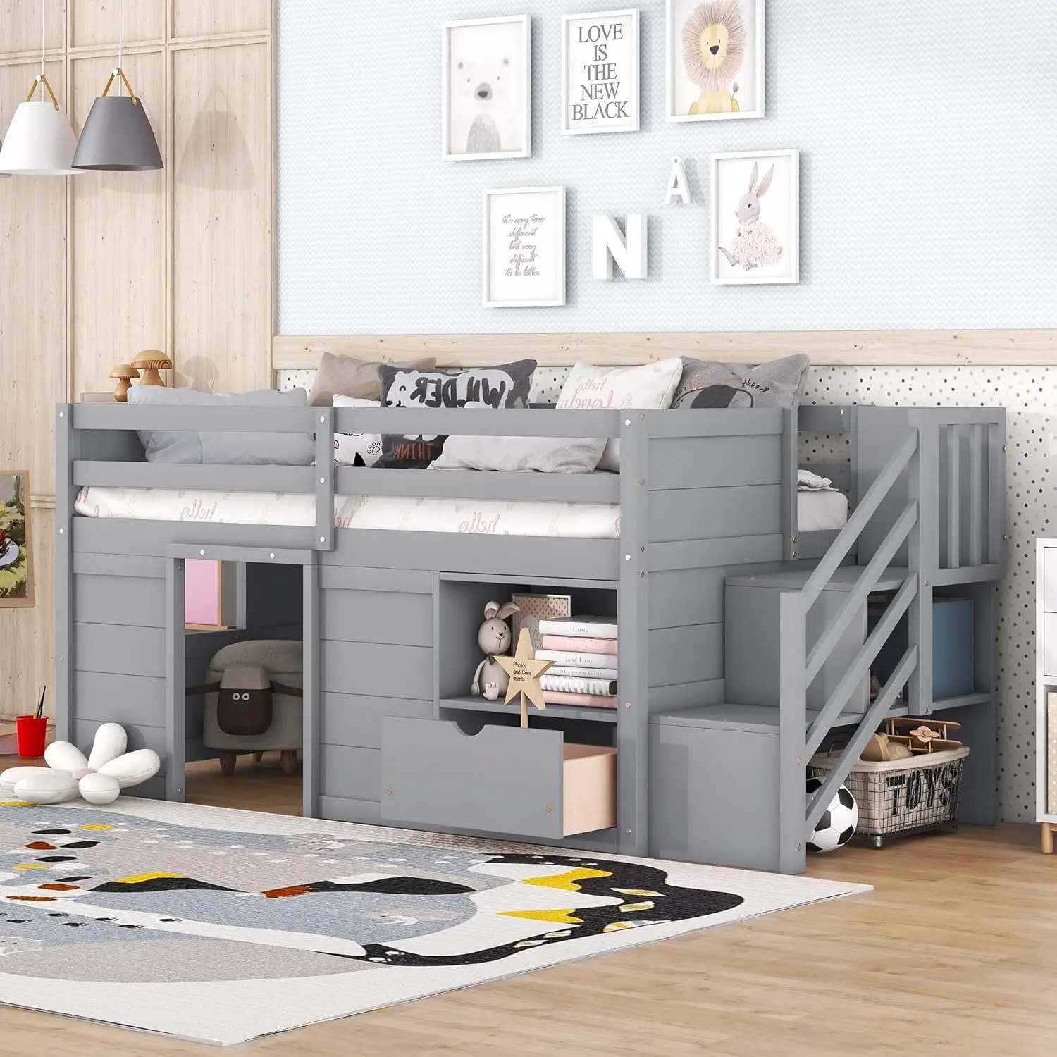 

Twin Size Low Loft Bed for Kids, Modern Farmhouse Style, with Storage, Gray