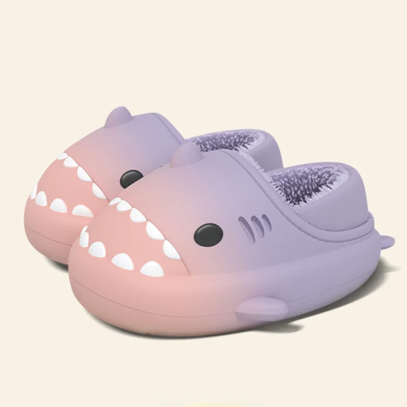 Baby Warm Shark Slippers Cute Gradient Kids Winter Fluffy Slippers Outdoor Home Indoor Children Non-Slip Waterproof Shoes