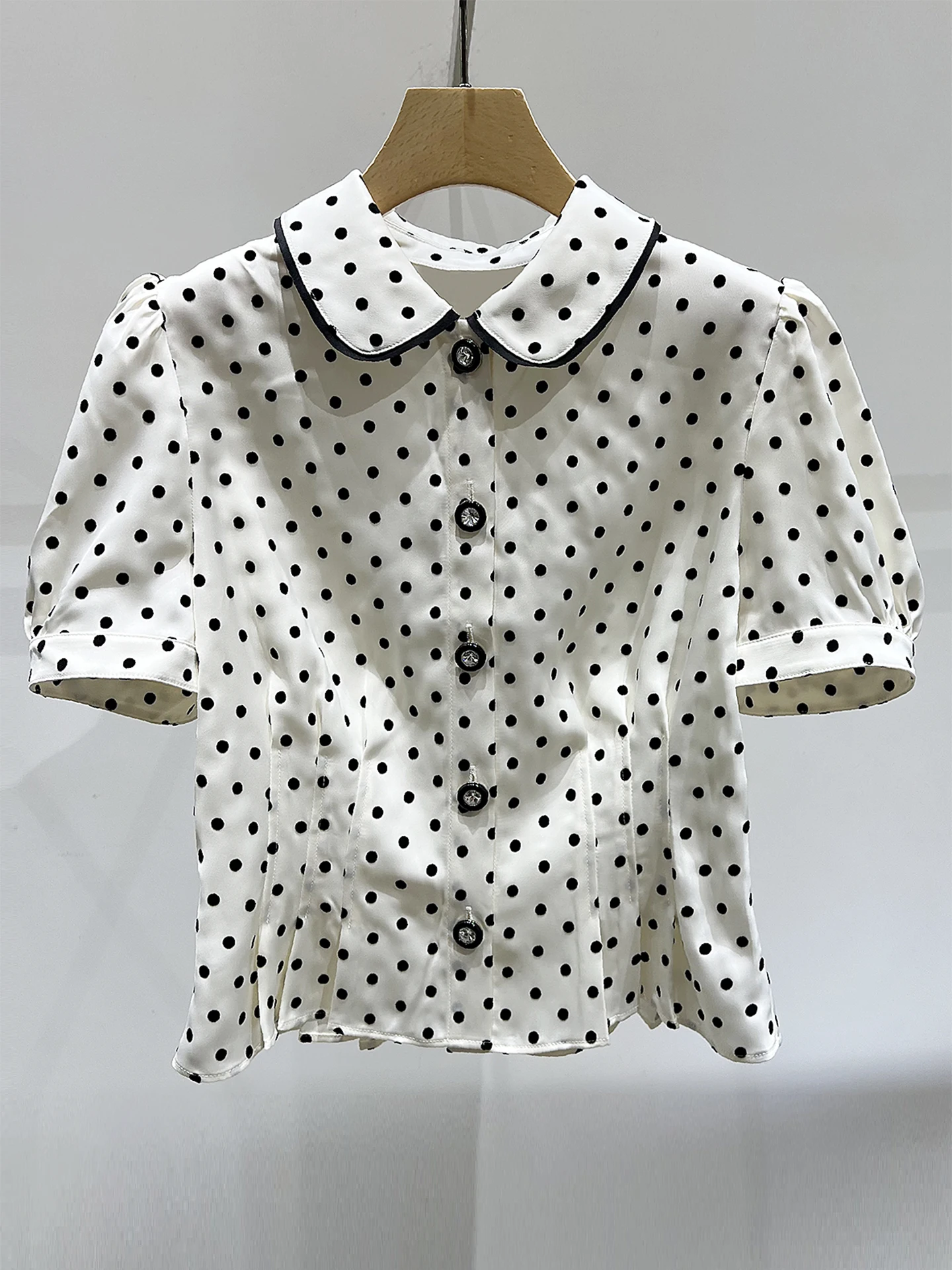 

Sweet Sle Bubble Sve Doll Collar Single Button Polka Dot Waist Cinched Women's irt Commute Sle Regular Sve Length