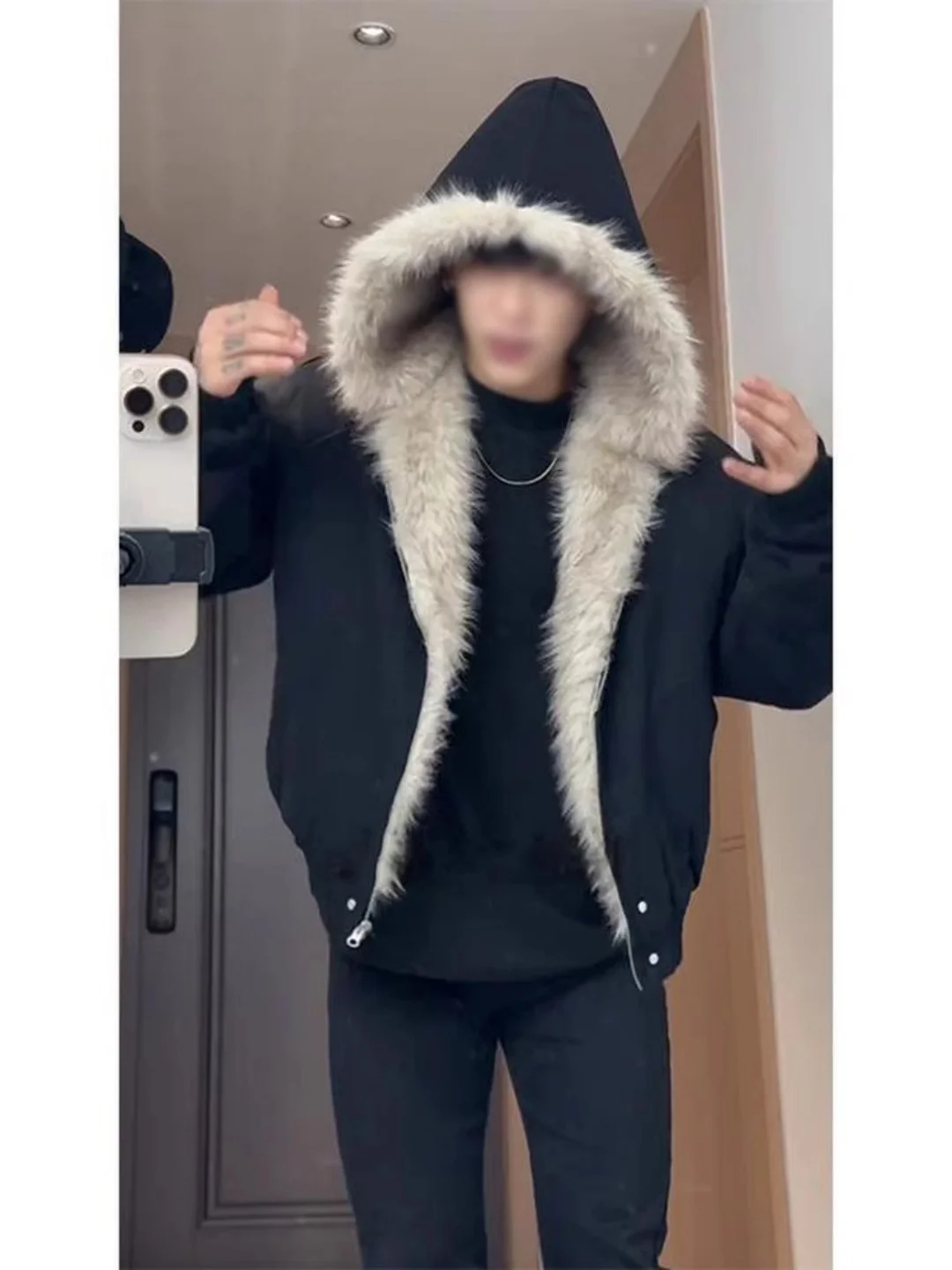 

Мужской зимний жилет с капюшоном на подкладке из искусственного кроличьего меха, хлопковый, в американском ретро-стиле, с узором «Горный орел», на молнии, премиум-класса