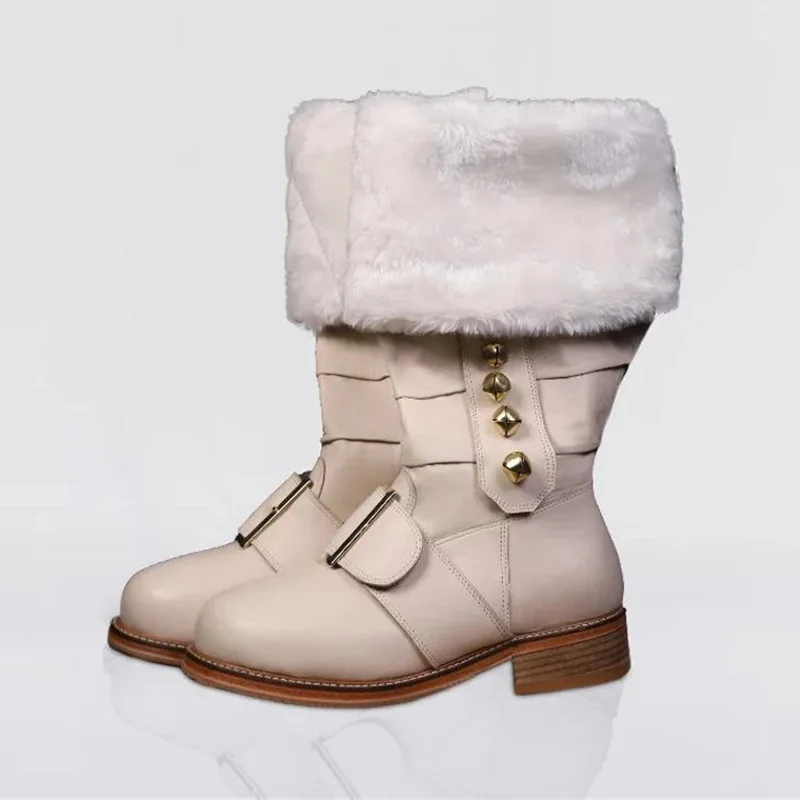 Mittelalterliche Vintage-Weihnachtsmann-Stiefel, Herren-Kampfstiefel mit weißen Plüschmanschetten, Fußglocke und Schnalle für Weihnachtsfeier, Cosplay-Stiefel – Detail 19