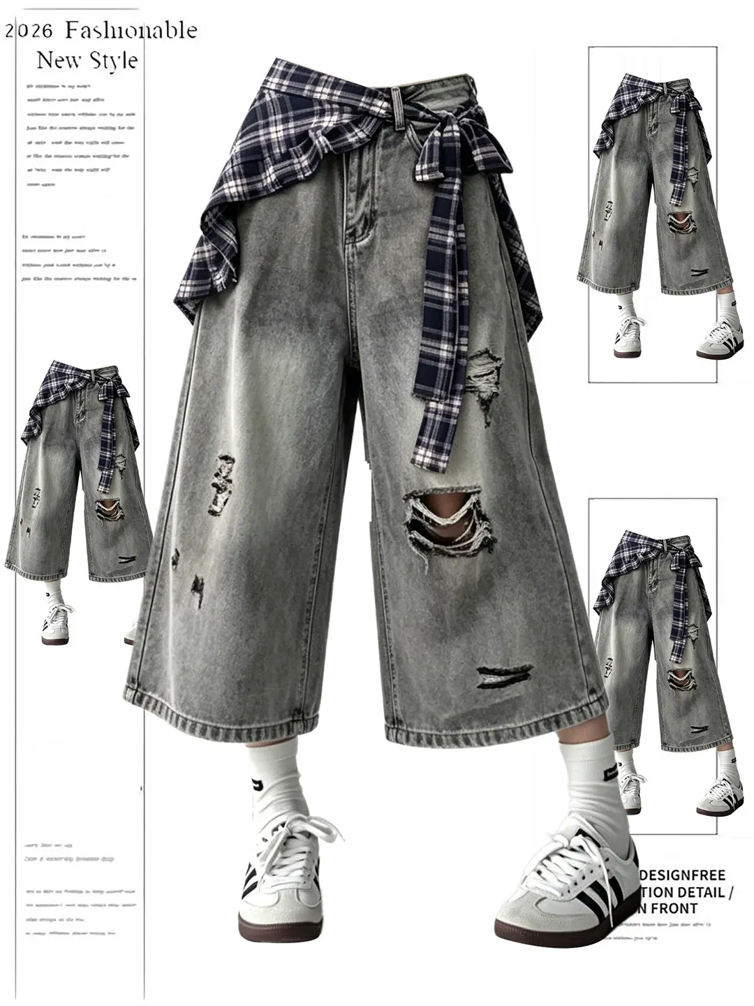 

Retro American Vintage Faded Denim High Waist Wide Leg Short Pants Women's Summer Design Checkered Casual Shorts with Hole
