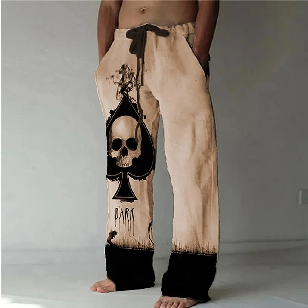 Vintage Men's summer beach pants elastic waist straight tube retro skull 3D printed casual pants men's pants men's pants