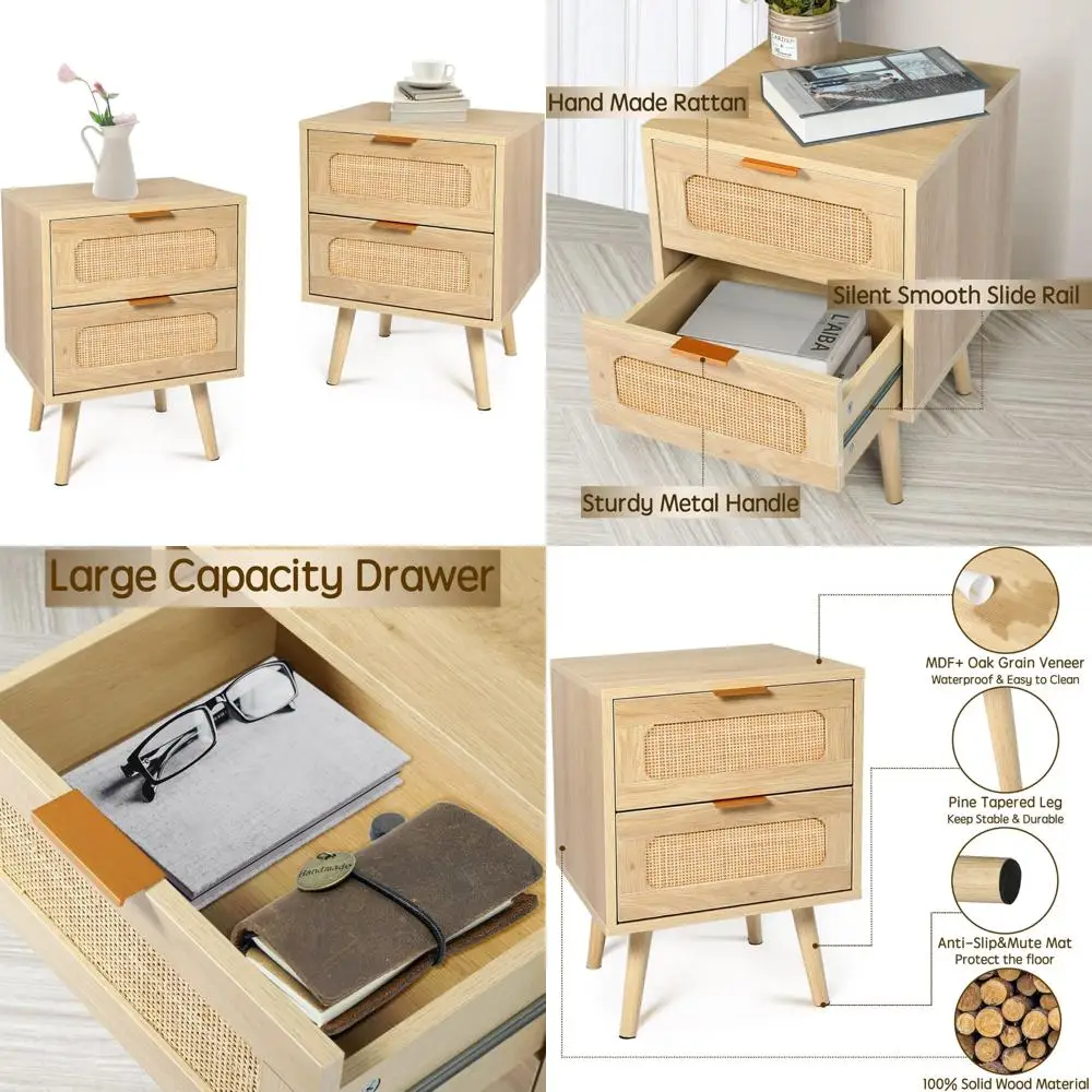 مجموعة منضدة بأدراج الروطان الحديثة، طاولات بجانب السرير خشبية مكونة من قطعتين لغرف النوم، طاولات جانبية أنيقة ذات درجين