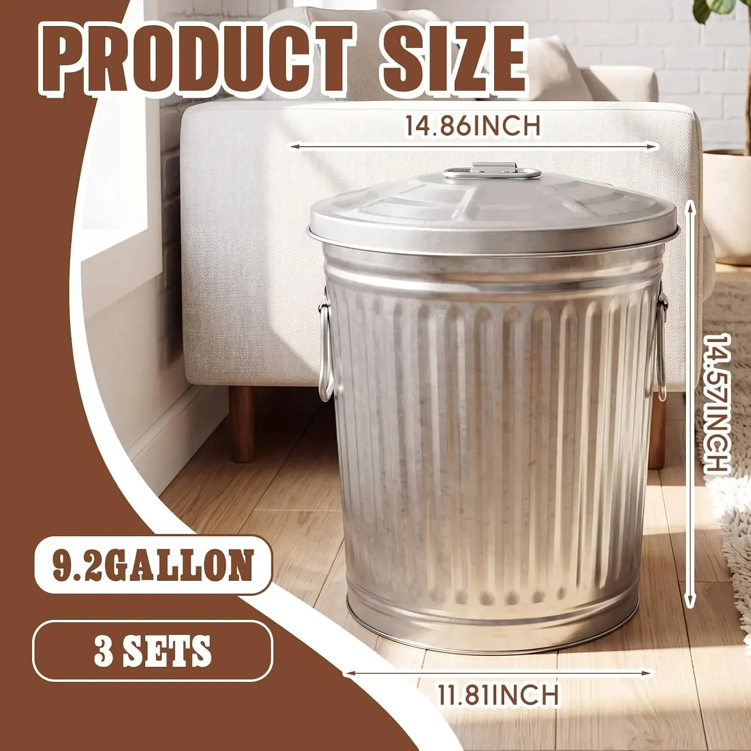 3 Pack 9.2 Gallon Galvanized Trash Can with Lid, Equipped with Two Handles for Carrying, Small Metal Trash Can with Lid for Back