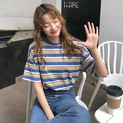 

Vintage Stripe T-irt Loose ort Sve Women's Summer Faion Korean Sle f Sve Top Commute round Ne 3D Worn Look