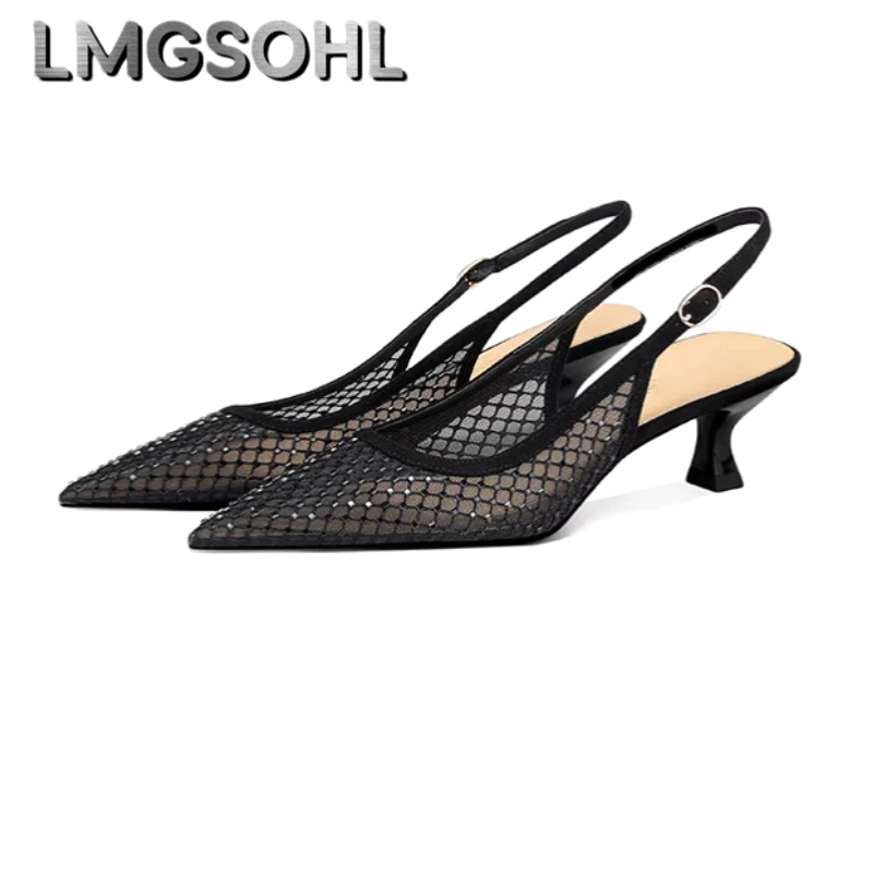 

Women Pointed Toe Heeled Sandals Mesh Crystal Sexy Summer Shoes Hollow Fashion Slippers 2025 New Party Slingback Luxury Pumps