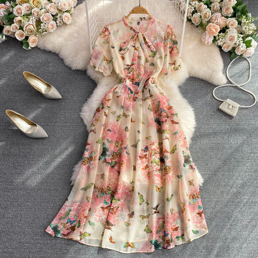 

Retro Style Bow Tie Bubble Short Sleeved Waist Slimming A-line Floral Chiffon Dress Elegant Long Skirt