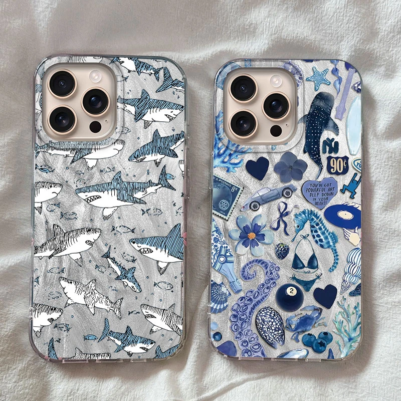 Muschel-Seestern-Haifisch-Handyhülle für iPhone 16 15 14 13 12 Pro Max Plus 16E 7 8 SE 2020 2022 X XS XR Blue Ocean Animals Cover