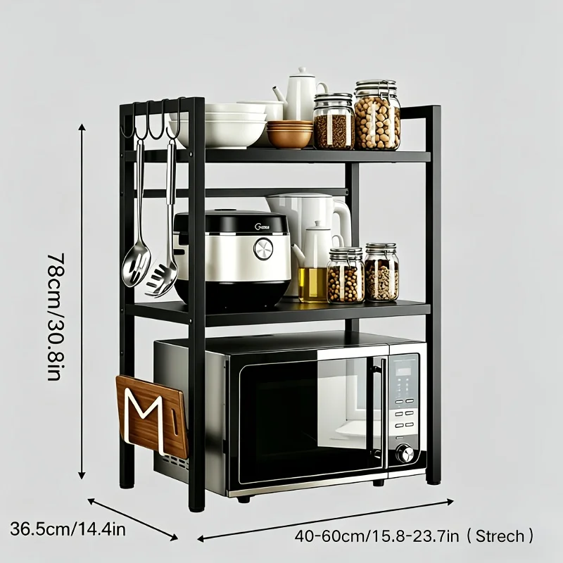 Space-Saving Adjustable Microwave Shelf, Multi-Functional Kitchen Counter Shelf. Thickened Metal, Strong Load Capacity. Easy Assembly, Available In Single Or Double Layer. Adjustable From 16 -24in. Suitable for Microwave, Cookware, And Spice Storage