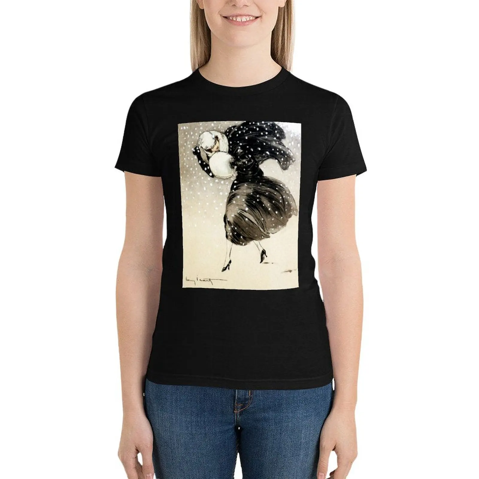 French Art Deco fashion art, Woman In a Snow Storm T-Shirt Short sleeve tee funnys t-shirts for Women loose fit