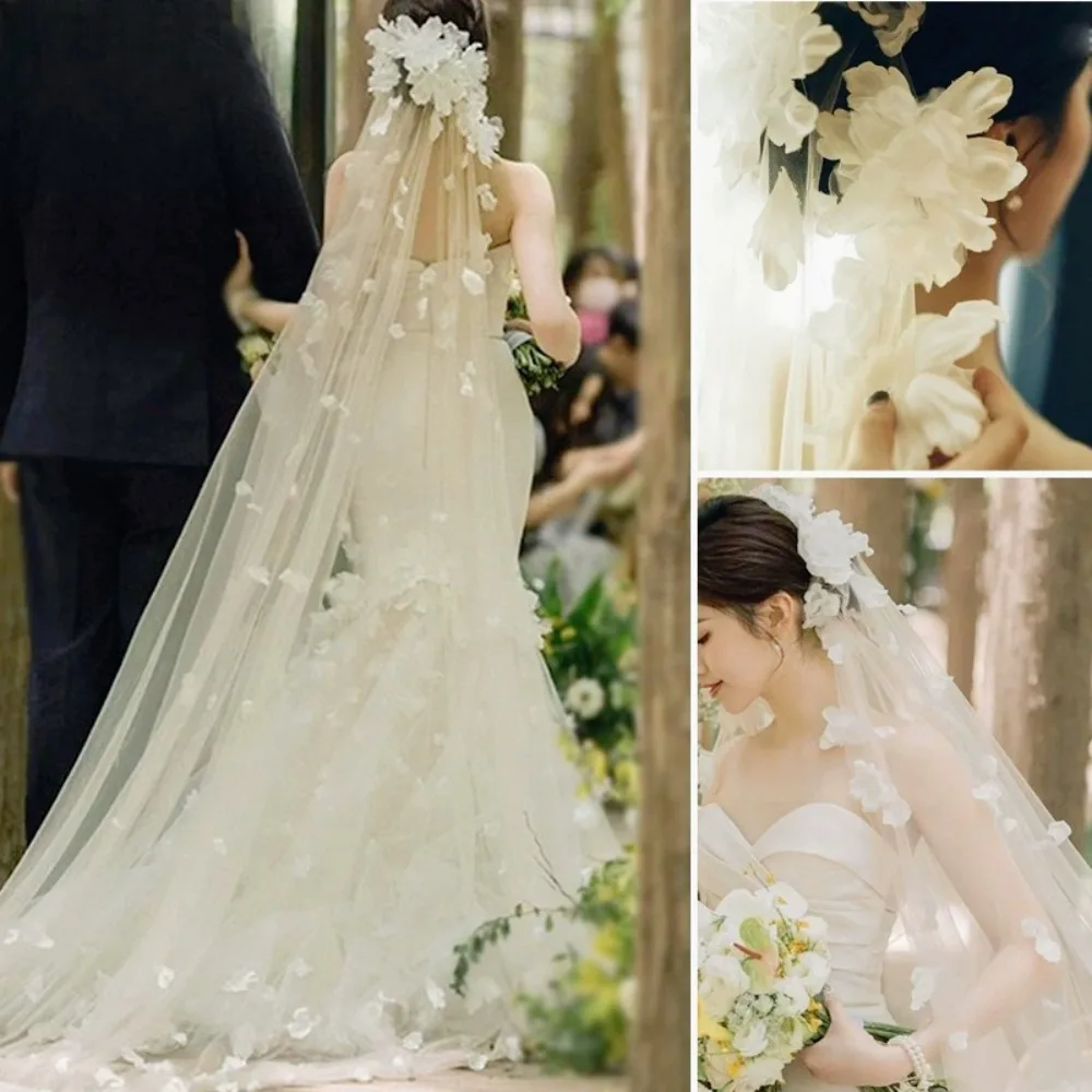 Fairy Retro Flower Trailing Veil for the Bride Wedding Veil with Cut Edge for Wedding Dress Wedding Accessories 웨딩 소품 with Comb