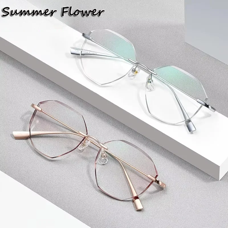 

Luxury Prescription Glasses Women Rimless Eyeglasses Round Sunglasses Tint Crystal Titanium Frames Spectacle Customize Lenses