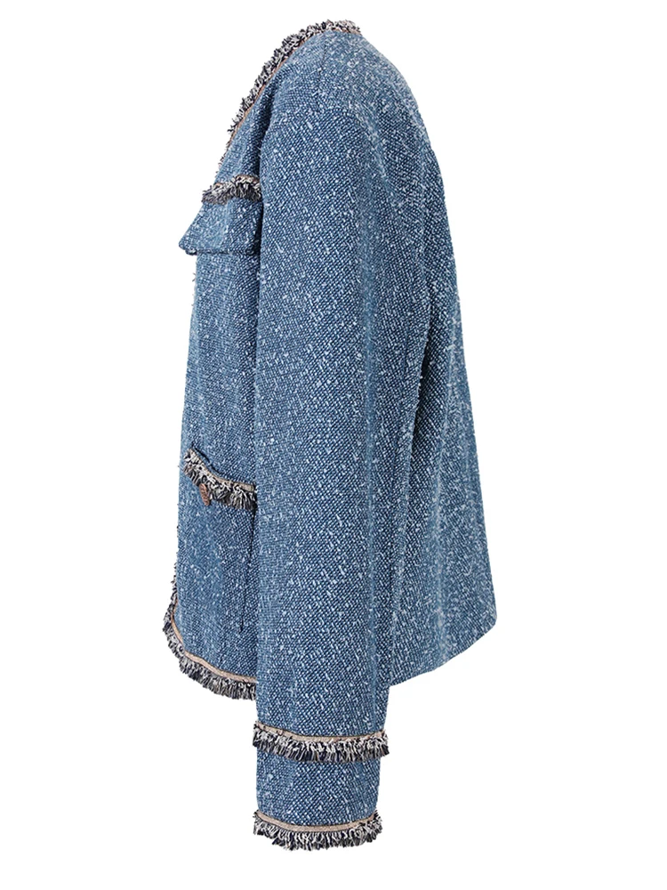 [EAM] Loose Fit Blue Denim Tassels Big Size Jacket New O-neck Long Sleeve Women Coat Fashion Tide Autumn Winter 2025 CPG0830