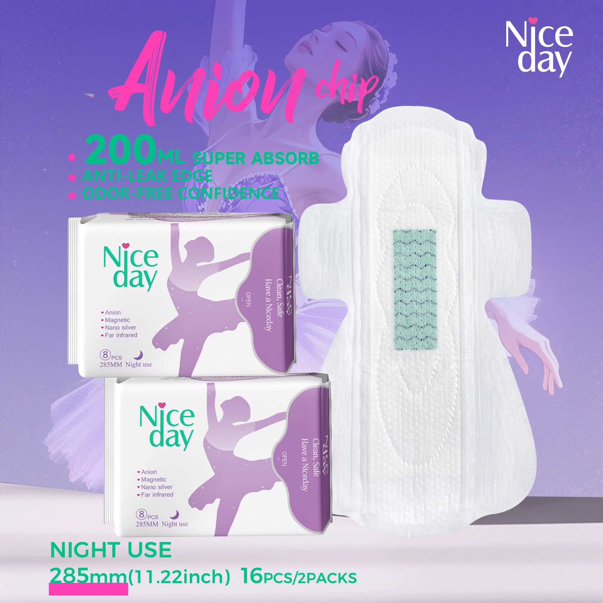 

Niceday Negative Ion Sanitary Napkin, Night Use 285mm, Ultra-Thin Menstrual Pad, Menstrual Care Pad, Absorbs a Lot of Menstrual Fluid, Keeps the Private Area Dry and Prevents Side Leakage