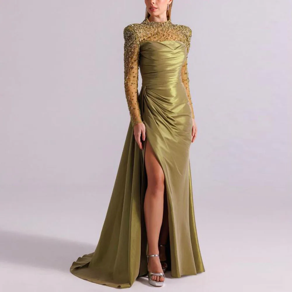 

Customized Beading Collar Evening Dresses Side Split Pleat Evening Gown Tranparent Sleeve Mermaid Wedding Guest Maxi Dress