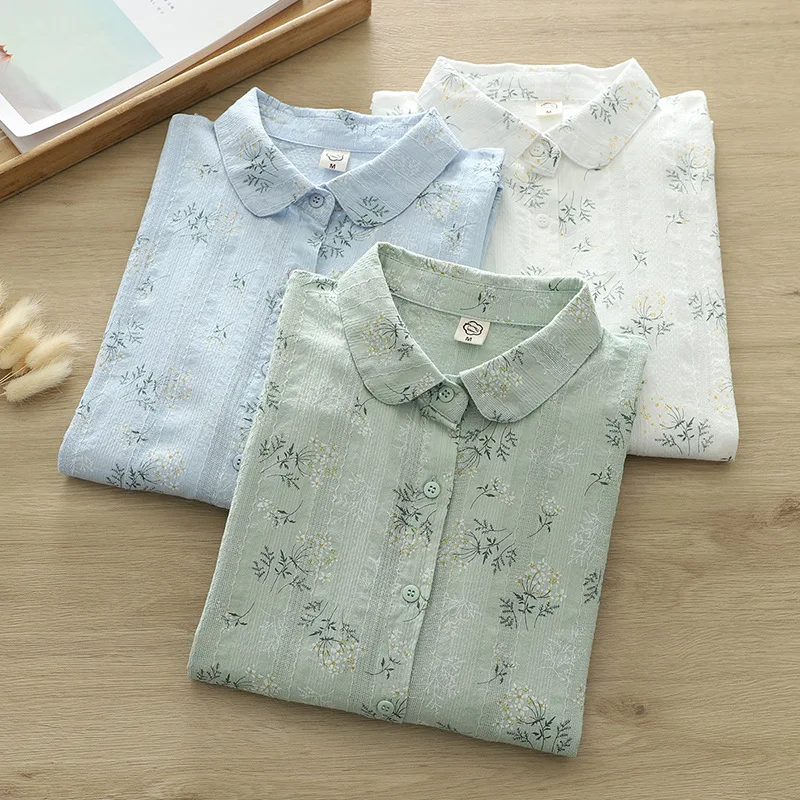 2024 New Floral Printed Women\'s Long Sleeve Shirt Flower Fresh Casual Loose Lady Shirts & Tops  Female Clothes Factory Wholesale