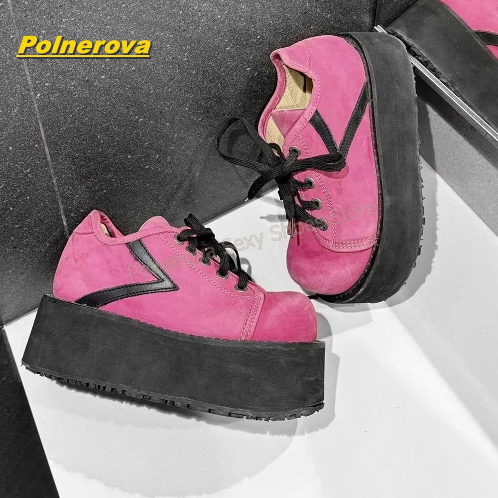 Hot Pink Rainbow Laces Platform Pumps Round Toe Thick Sole Y2K Mixed Color Patchwork Women Fashion Sneakers 2026 Street Style - view 3