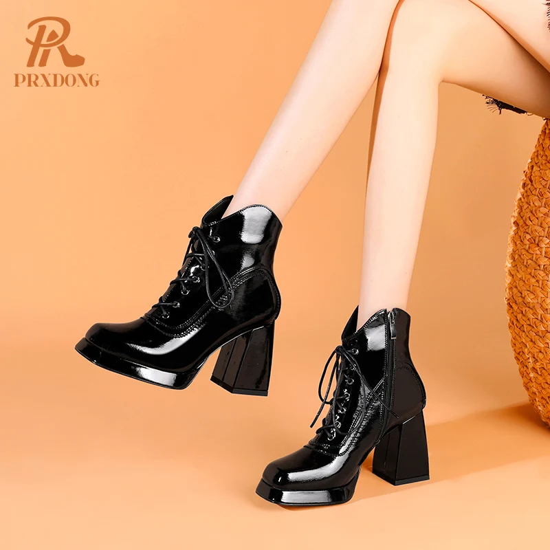 Women\'s Shoes 2022 New Autumn Winter Warm Ankle Boots Genuine Cow Leather Chunky High Heels Platform Black Working Short Boots 8