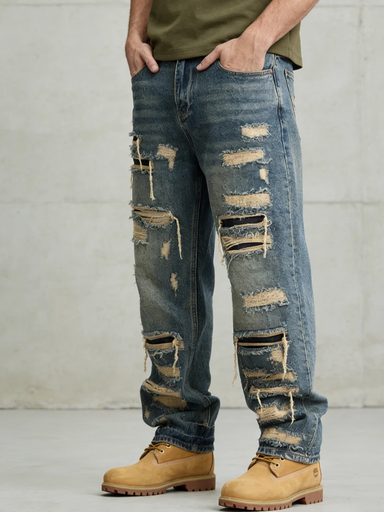 

American Patch Ripped Jeans Men's Ruffian Loose Design Straight Pants Men Clothing Trousers Ropa De Hombre Pantalon Homme