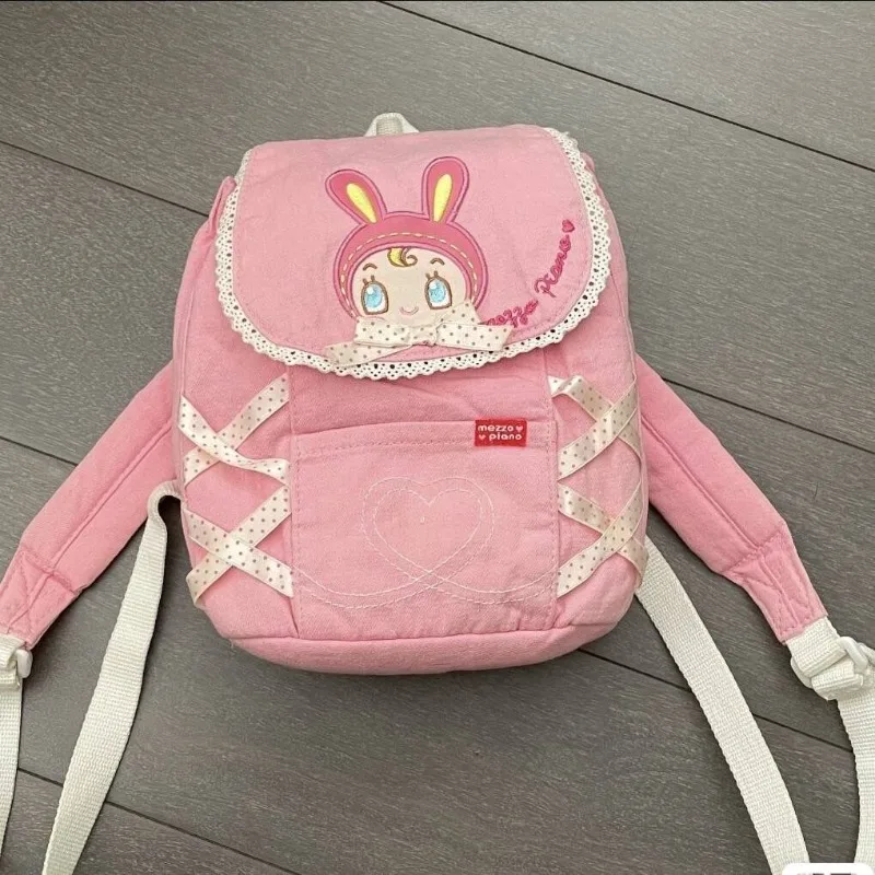 New  Mezzo Piano Backpack Cute Canvas Bow Embroidered Shoulder Bag Cartoon Mini Commuter Versatile Crossbody Bag