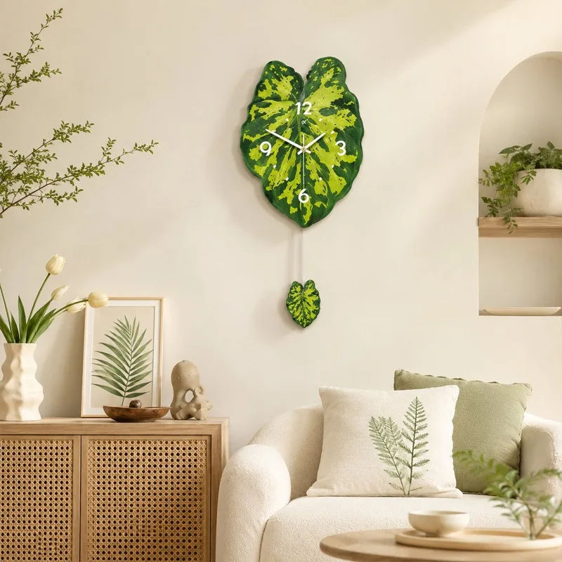 Fresh green leaf wall clock living room modern home tropical plant decoration clock dining room wall creative clock spot