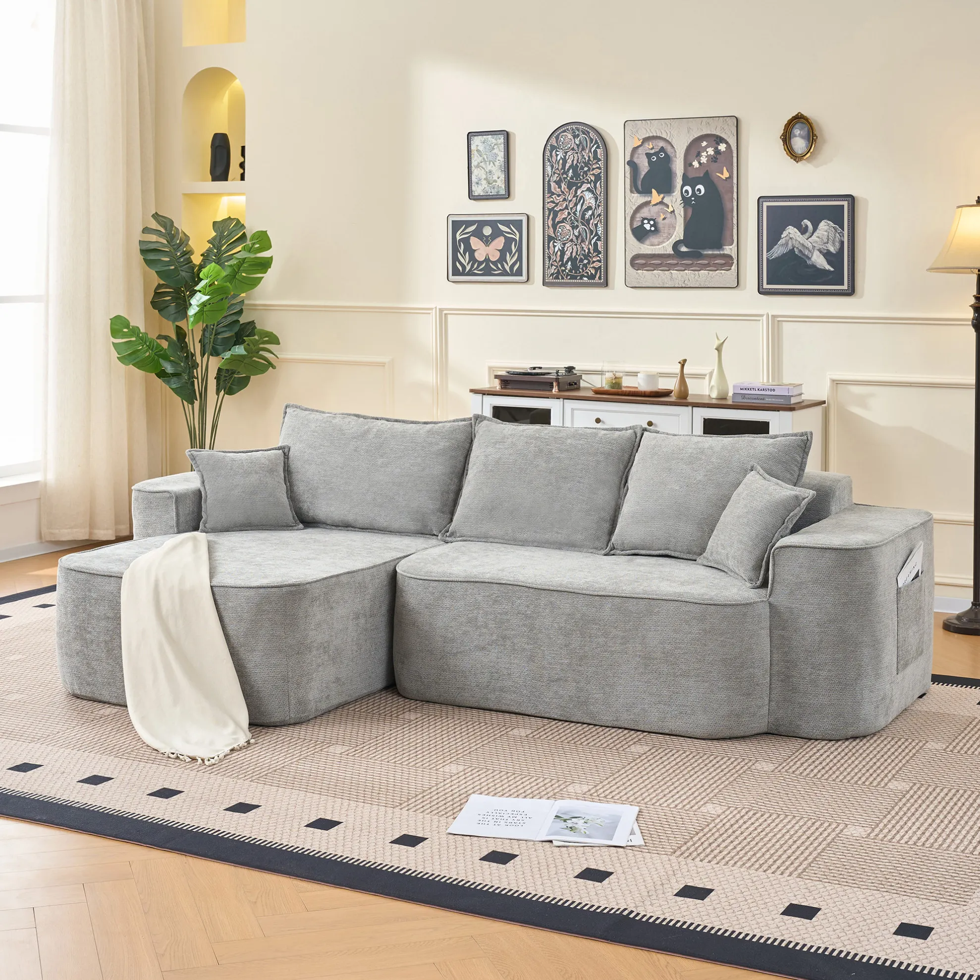 Canapé modulaire en forme de L "Cloud Couch" 262 cm avec chaise longue, assise XXL profonde, revêtement en chenille grise