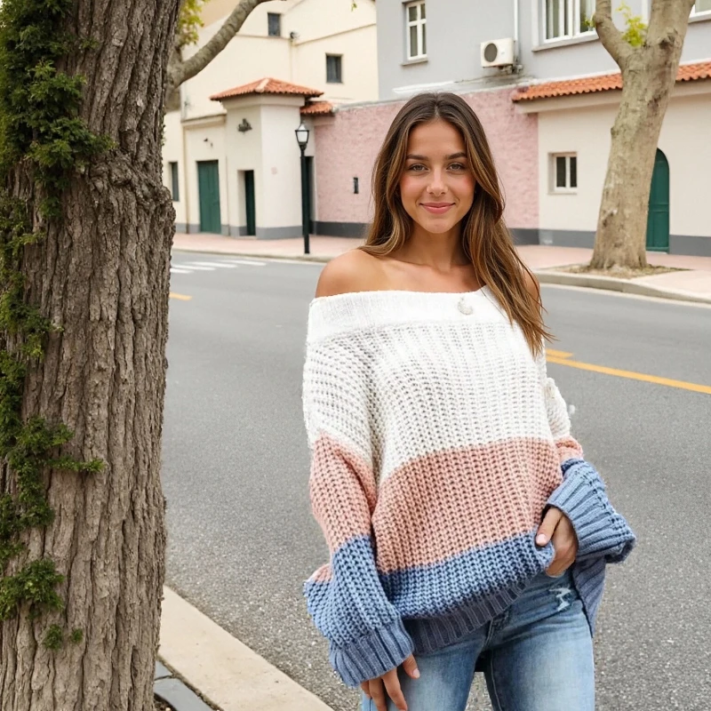 

2025 Casual Loose Pullover Knitted Tops Autumn Winter New Y2k Off Shoulder Color Blocked Women's Sweater Elegant Women Knitwear