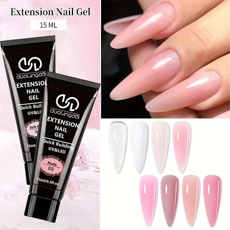 Kit de Gel para Uñas Poly, 4 Colores: Transparente, Rosa, Nude, 0.51oz, Gel de Extensión Poly con Solución Deslizante para Principiantes, Herramientas de Manicura