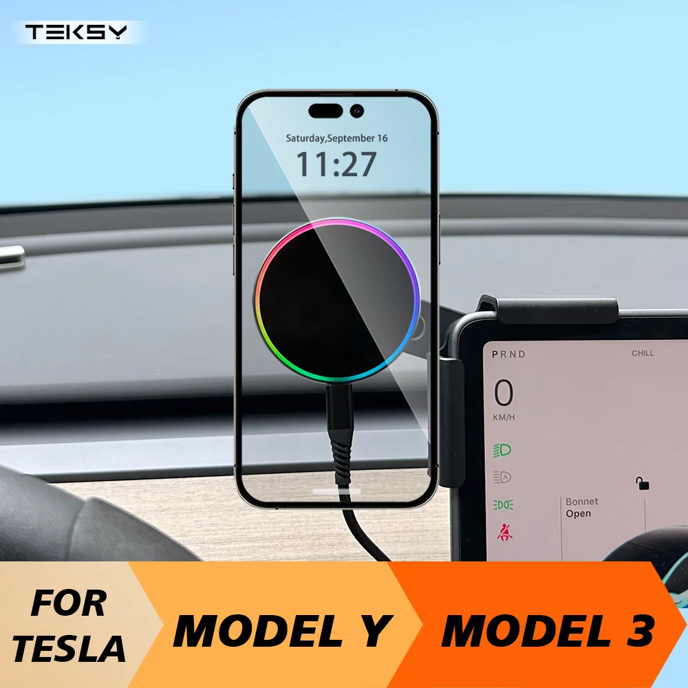 Carregador Sem Fio Qi2 de 15 e 25W com Suporte para Telefone Compatível com MagSafe para Tesla Model Y 2026 Model 3 HIGHLAND BYD ATTO