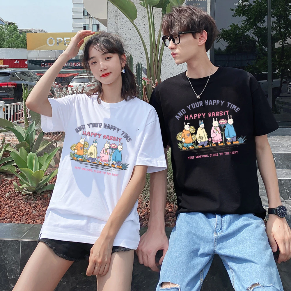 Cartoon Happy Rabbit Family Print Women Men Summer Fashion Short Sleeved Graphic T-shirt Tee For Couple 240g Cotton Tshirt Top