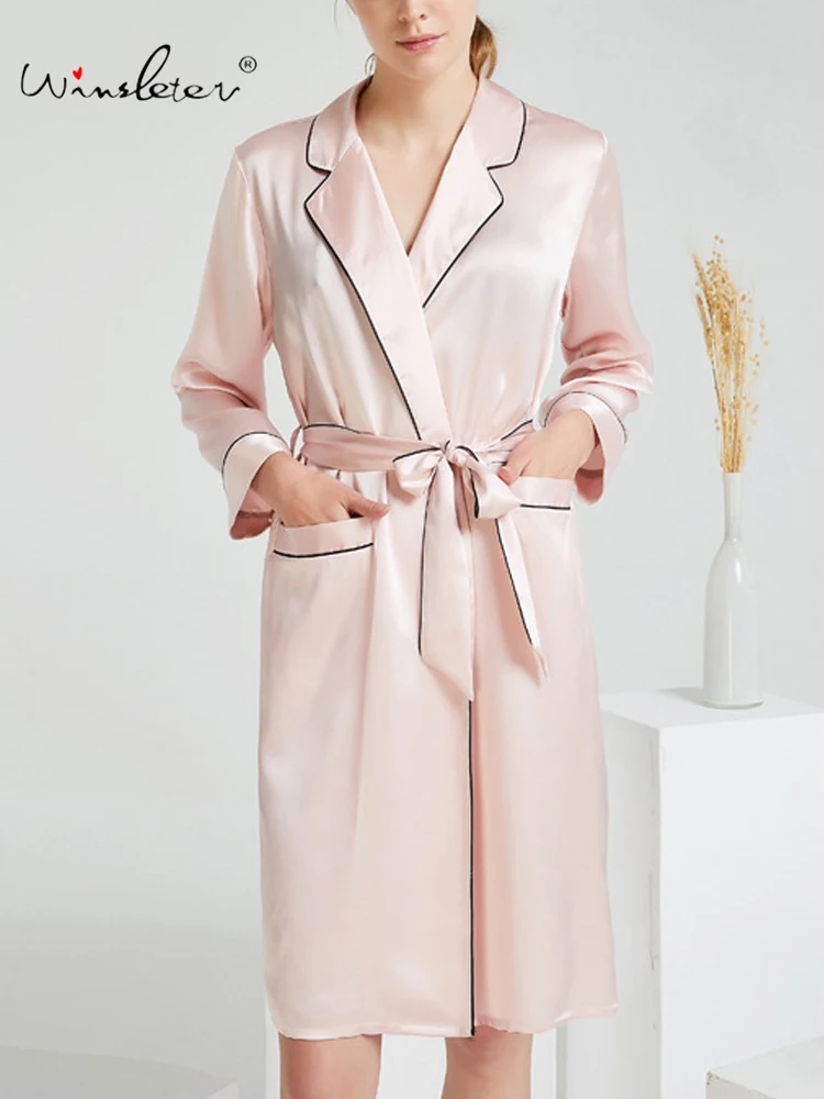Winsleter-19MM 100%Real Silk Night-robe, Long Sleeve Lace-up, Women Fashion Comfortable Pajamas Robe, 2026 Summer New P64179CC